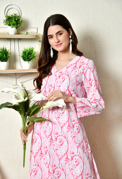 Blush Pink Heritage Paisley printed Rayon Kurta Set with V-Slit Neckline & Side Pocket