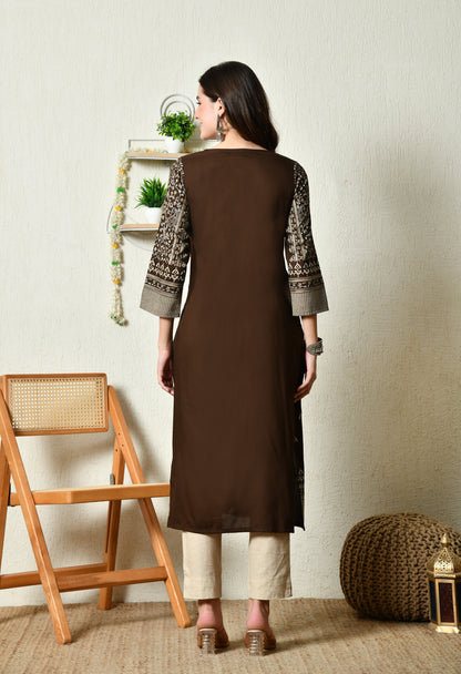 Mocha Majesty Elegant Floral Panel Printed Rayon Kurta with Sleeve & Neck Detailing