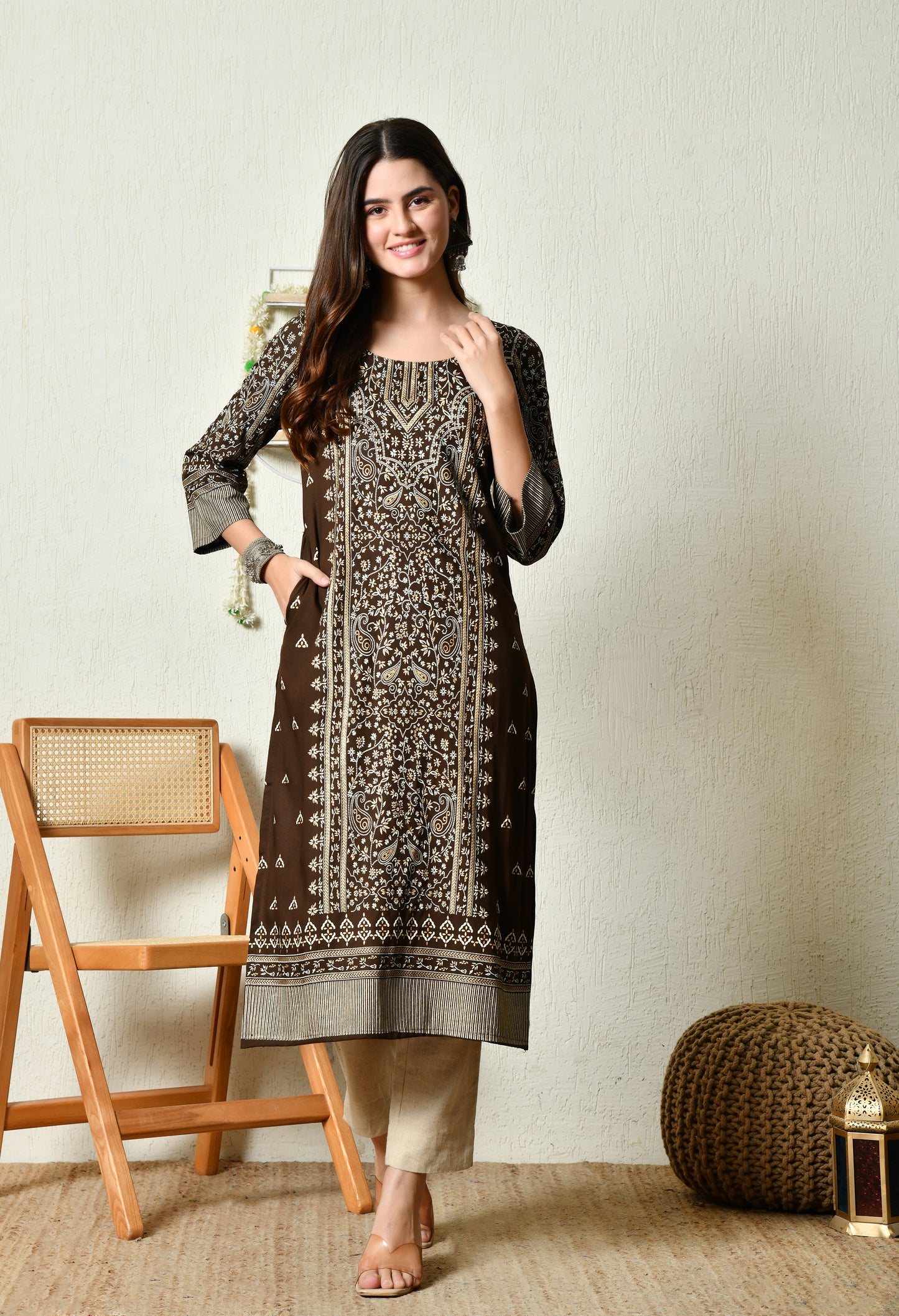 Mocha Majesty Elegant Floral Panel Printed Rayon Kurta with Sleeve & Neck Detailing