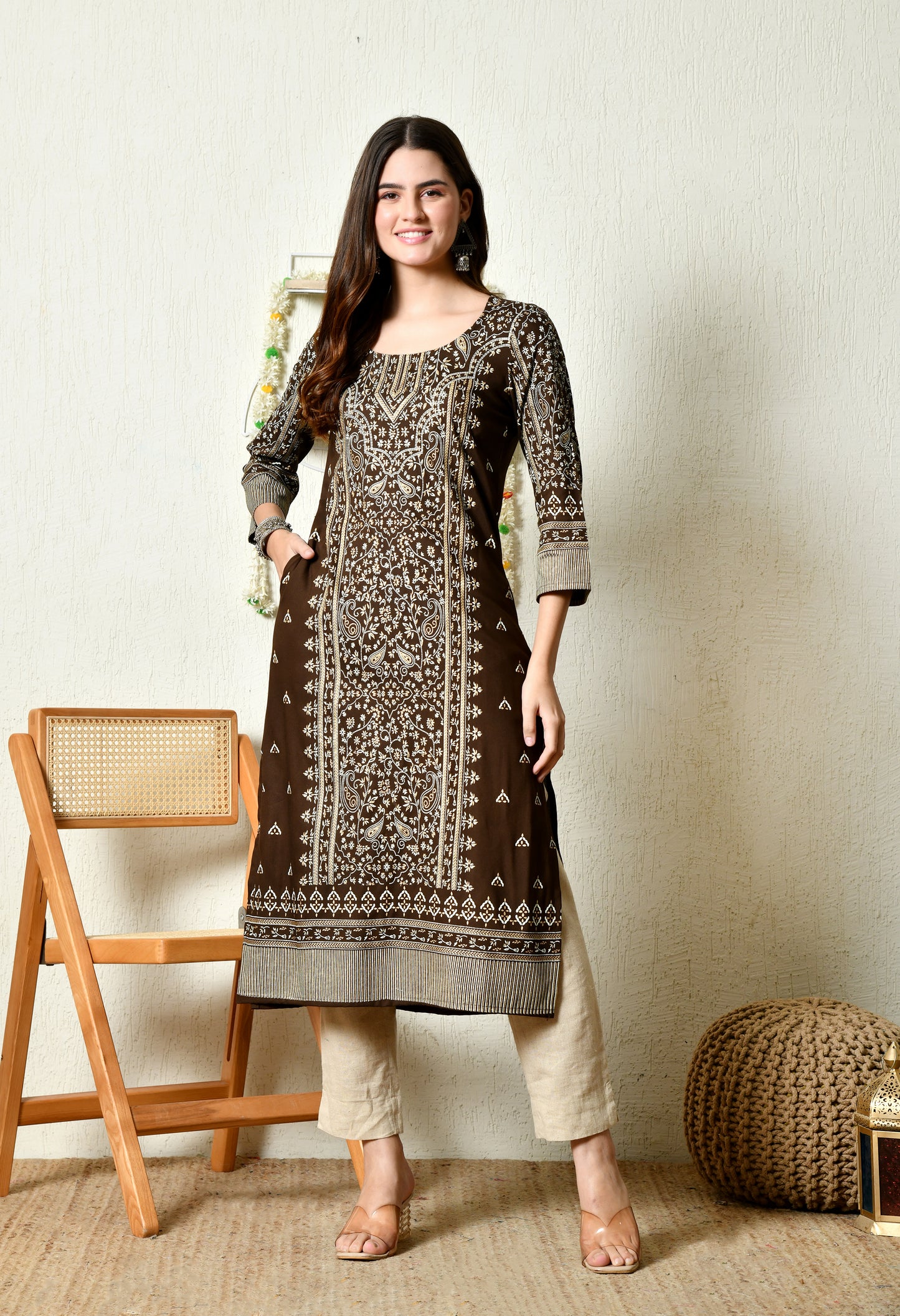 Mocha Majesty Elegant Floral Panel Printed Rayon Kurta with Sleeve & Neck Detailing