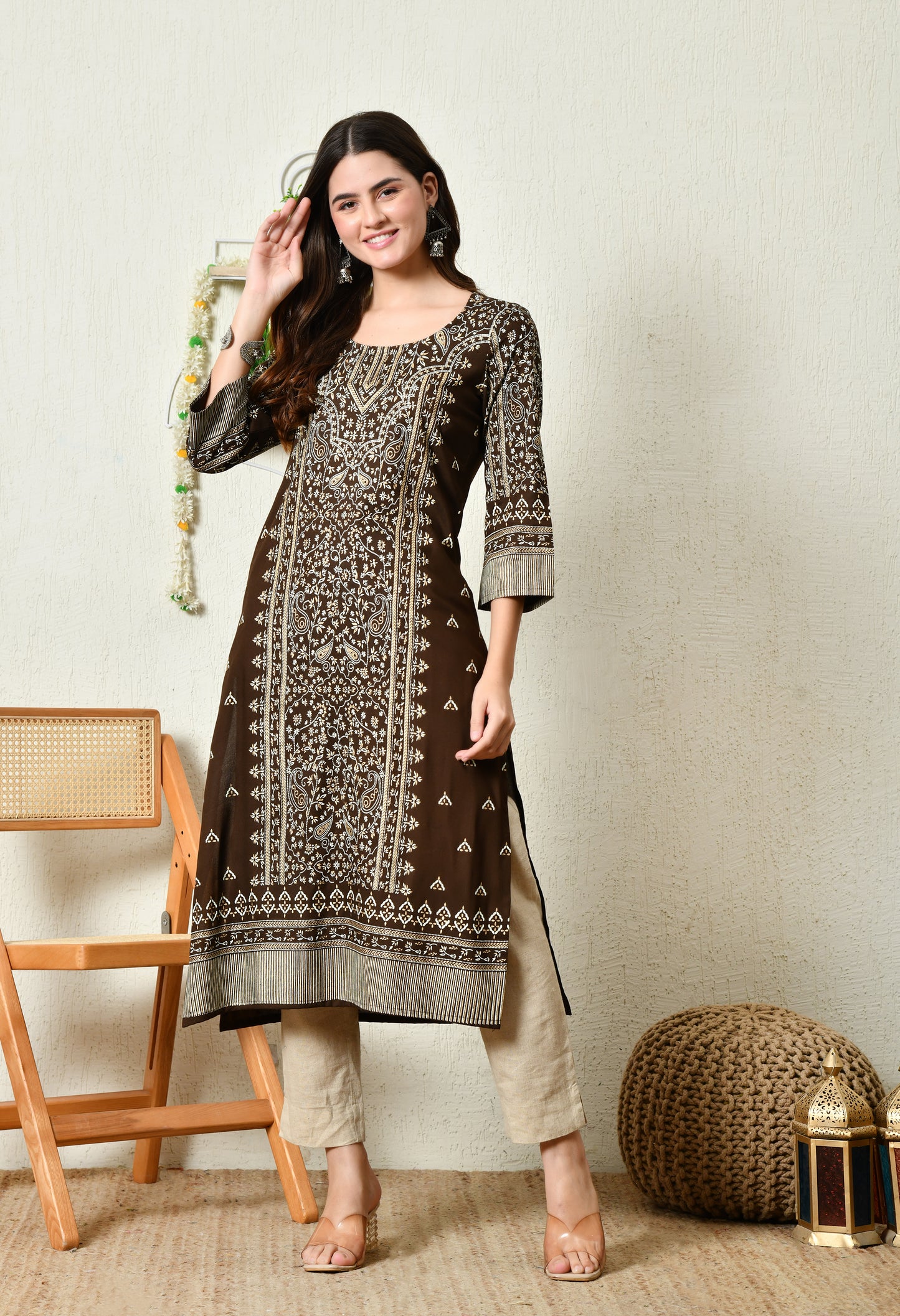 Mocha Majesty Elegant Floral Panel Printed Rayon Kurta with Sleeve & Neck Detailing