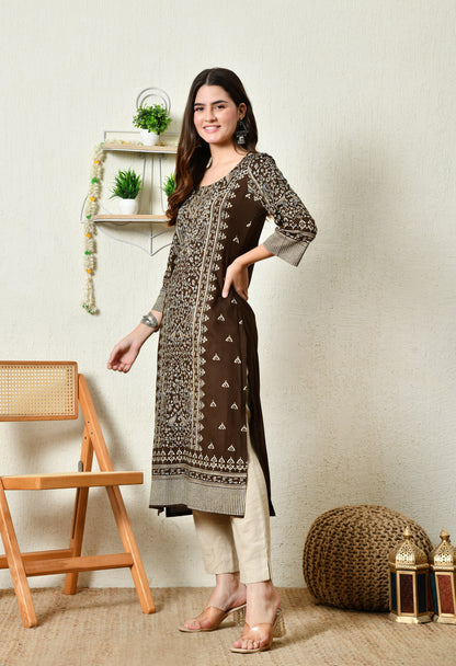 Mocha Majesty Elegant Floral Panel Printed Rayon Kurta with Sleeve & Neck Detailing