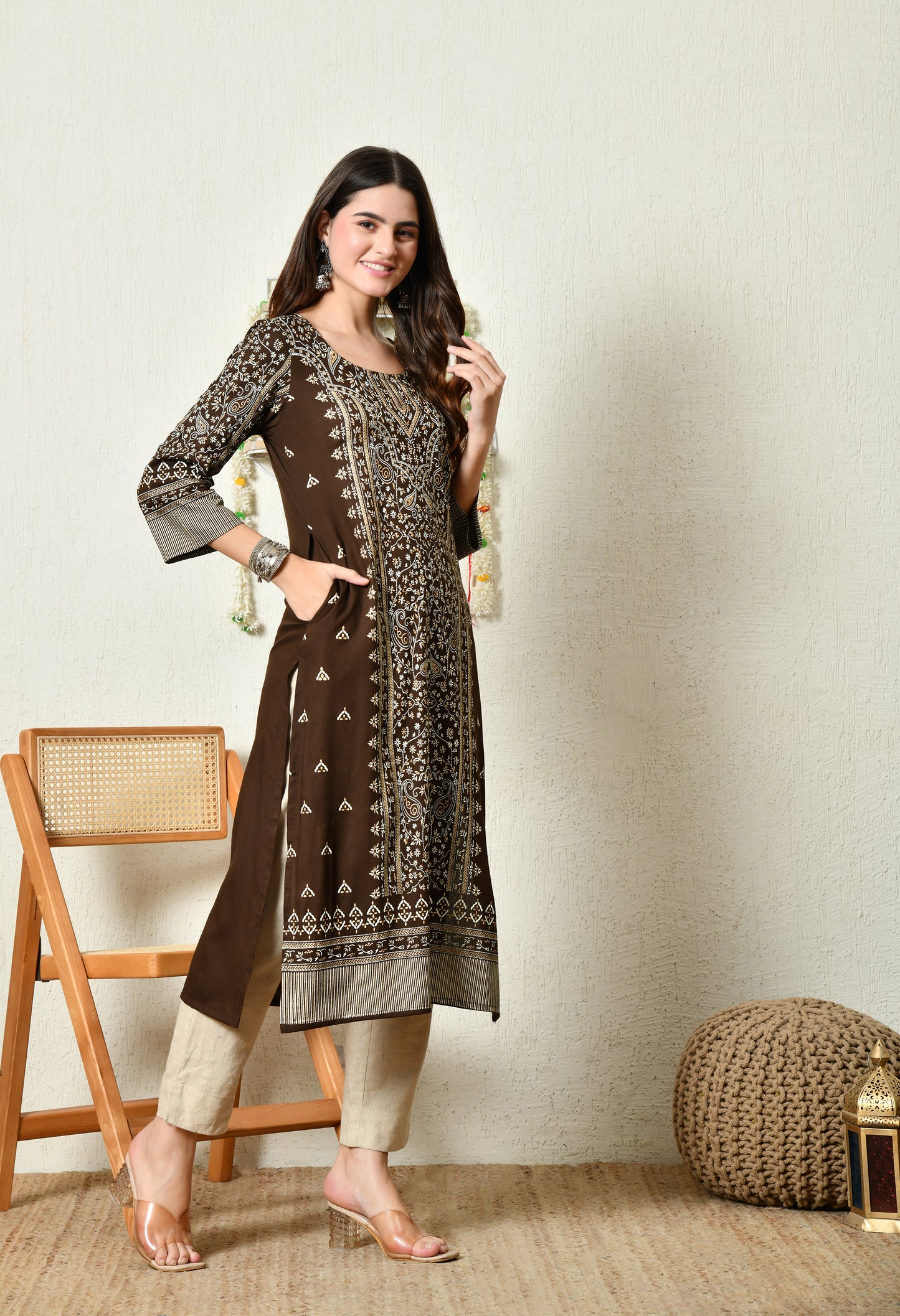 Mocha Majesty Elegant Floral Panel Printed Rayon Kurta with Sleeve & Neck Detailing