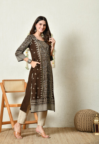 Mocha Majesty Elegant Floral Panel Printed Rayon Kurta with Sleeve & Neck Detailing