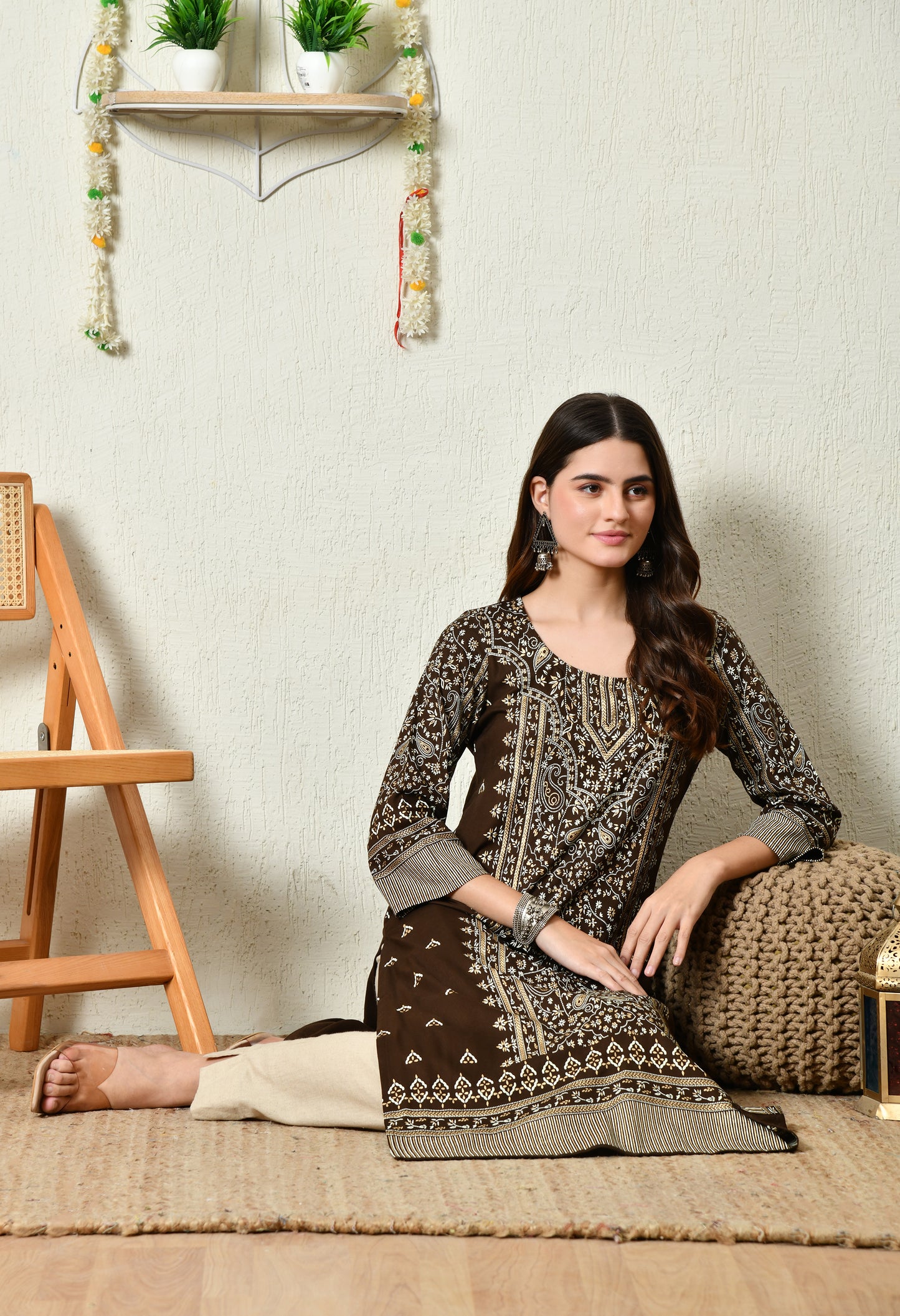 Mocha Majesty Elegant Floral Panel Printed Rayon Kurta with Sleeve & Neck Detailing