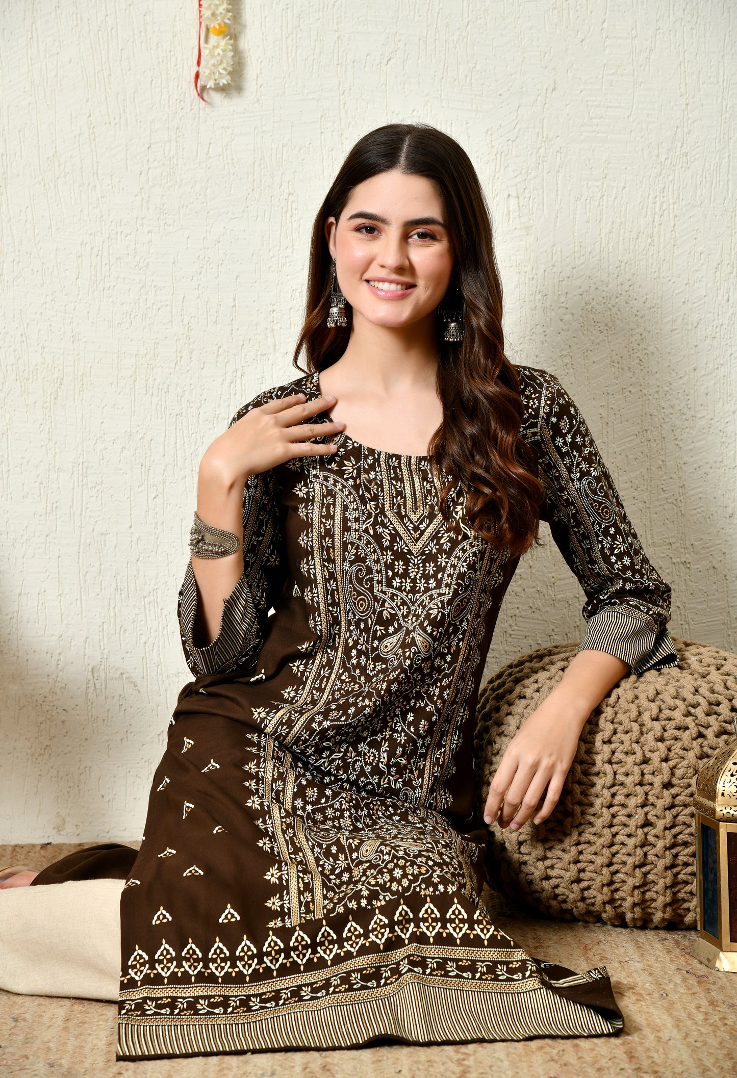 Mocha Majesty Elegant Floral Panel Printed Rayon Kurta with Sleeve & Neck Detailing