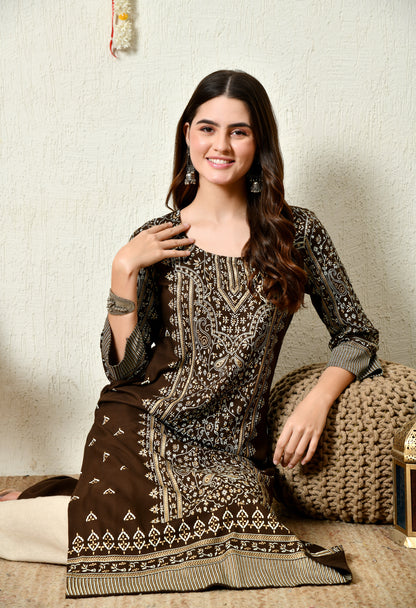 Mocha Majesty Elegant Floral Panel Printed Rayon Kurta with Sleeve & Neck Detailing