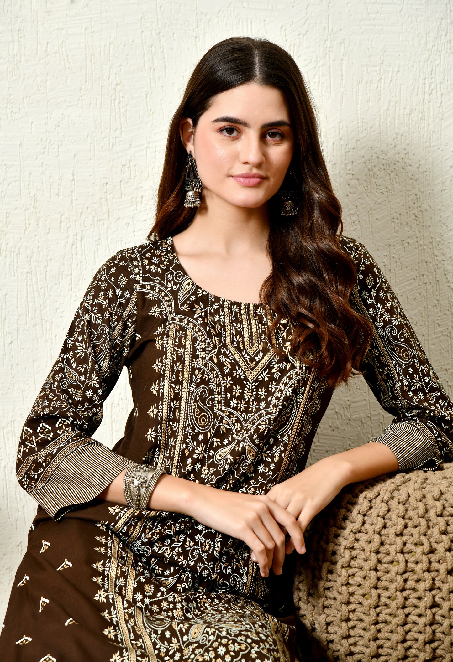 Mocha Majesty Elegant Floral Panel Printed Rayon Kurta with Sleeve & Neck Detailing