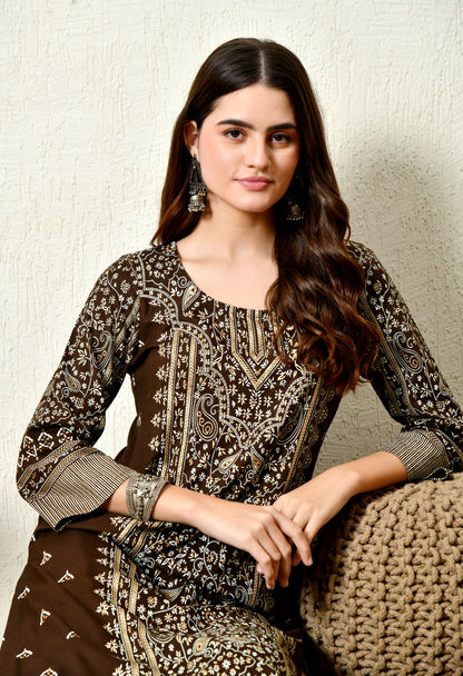 Mocha Majesty Elegant Floral Panel Printed Rayon Kurta with Sleeve & Neck Detailing