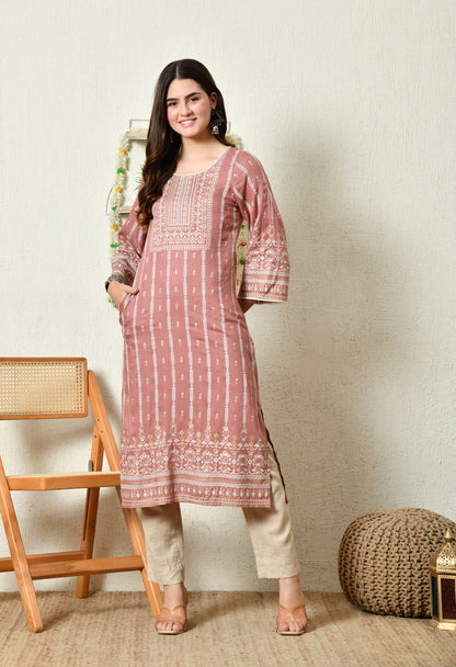 Dusty Rose Heritage Printed Rayon Kurta with Border Detailing & Pocket