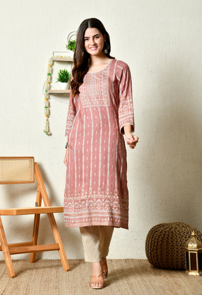Dusty Rose Heritage Printed Rayon Kurta with Border Detailing & Pocket