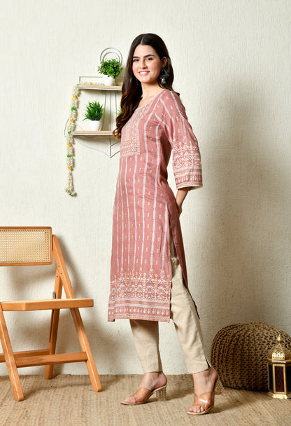 Dusty Rose Heritage Printed Rayon Kurta with Border Detailing & Pocket