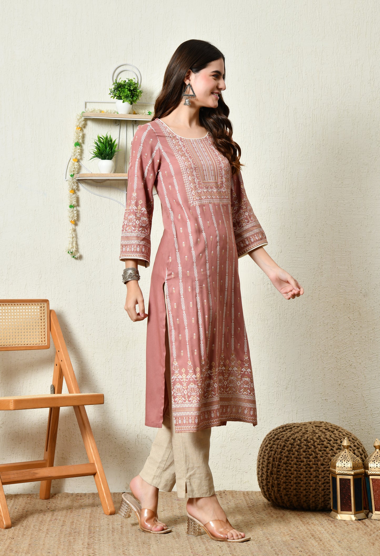 Dusty Rose Heritage Printed Rayon Kurta with Border Detailing & Pocket