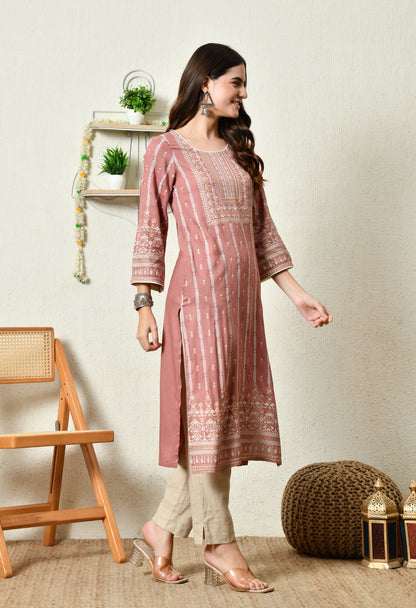 Dusty Rose Heritage Printed Rayon Kurta with Border Detailing & Pocket