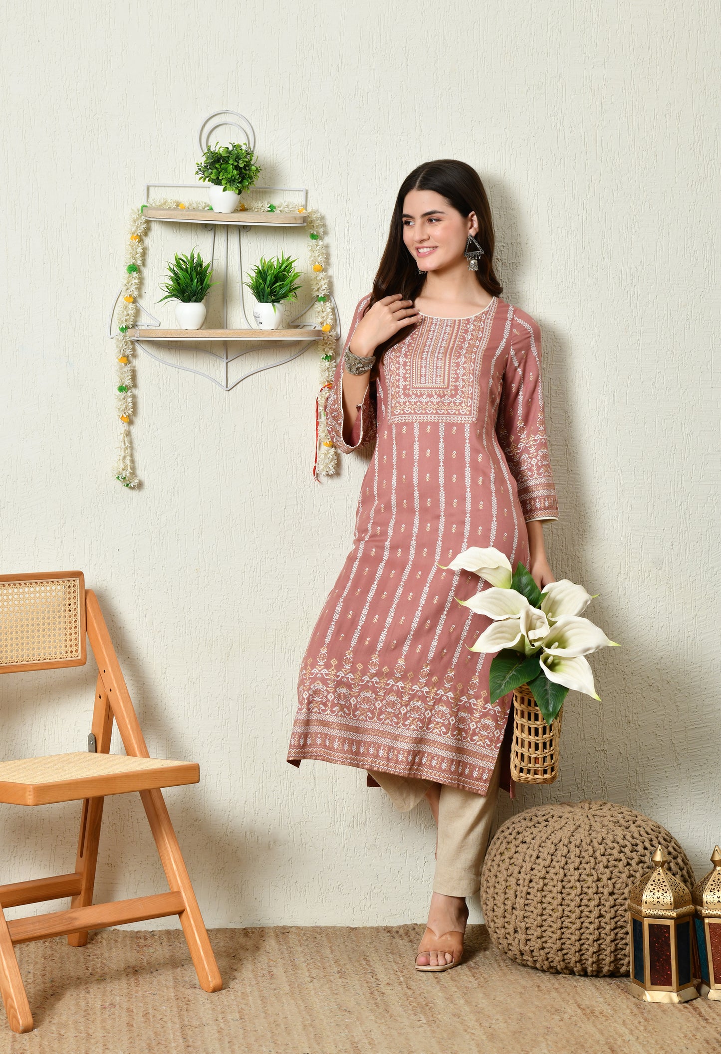 Dusty Rose Heritage Printed Rayon Kurta with Border Detailing & Pocket