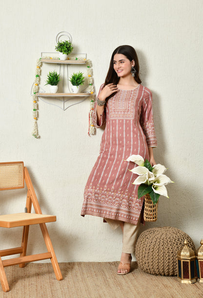 Dusty Rose Heritage Printed Rayon Kurta with Border Detailing & Pocket