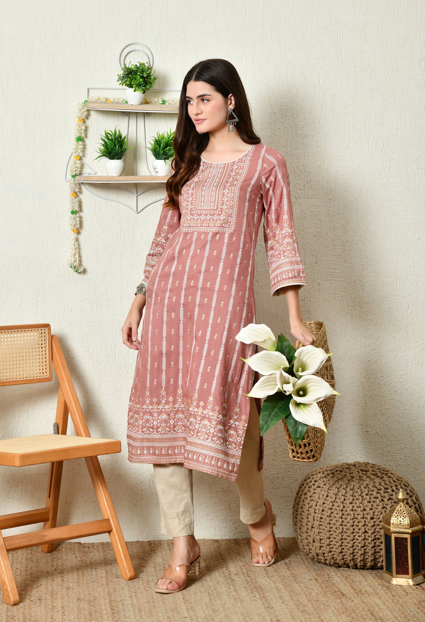 Dusty Rose Heritage Printed Rayon Kurta with Border Detailing & Pocket