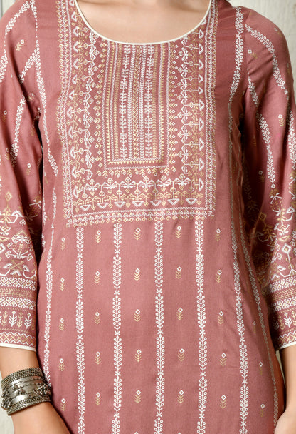 Dusty Rose Heritage Printed Rayon Kurta with Border Detailing & Pocket