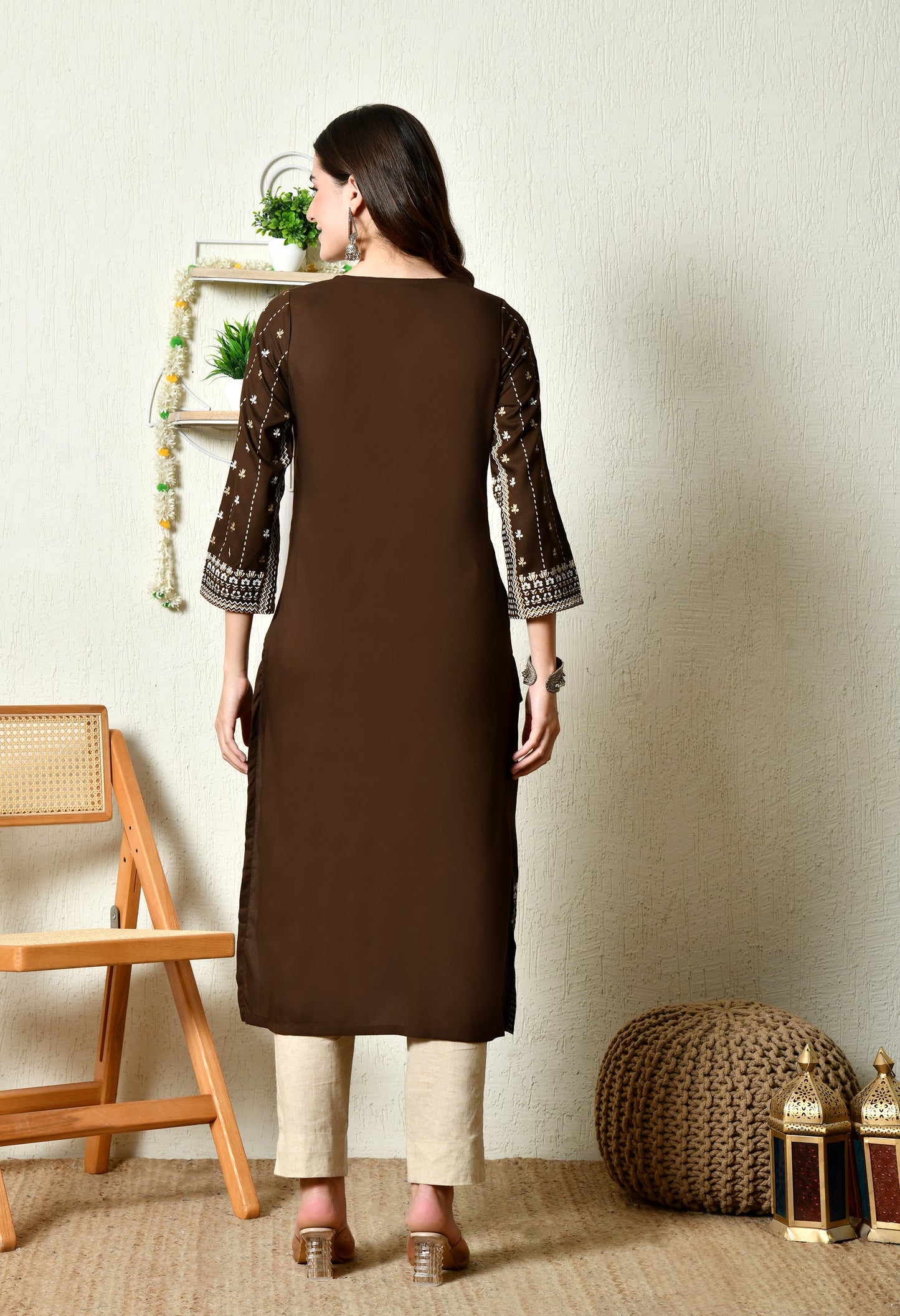 Cocoa Heritage Floral Printed Rayon Kurta Set with Border Detailing