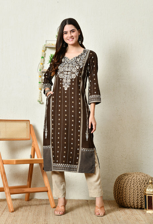 Cocoa Heritage Floral Printed Rayon Kurta Set with Border Detailing