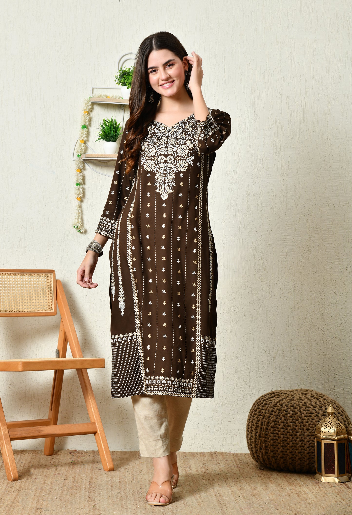 Cocoa Heritage Floral Printed Rayon Kurta Set with Border Detailing