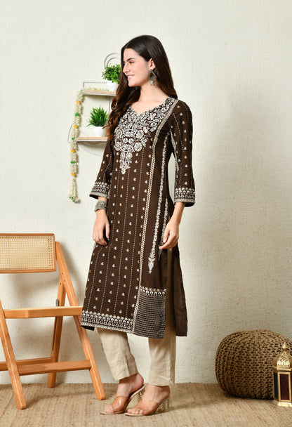 Cocoa Heritage Floral Printed Rayon Kurta Set with Border Detailing