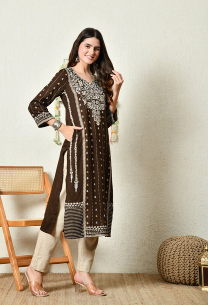 Cocoa Heritage Floral Printed Rayon Kurta Set with Border Detailing