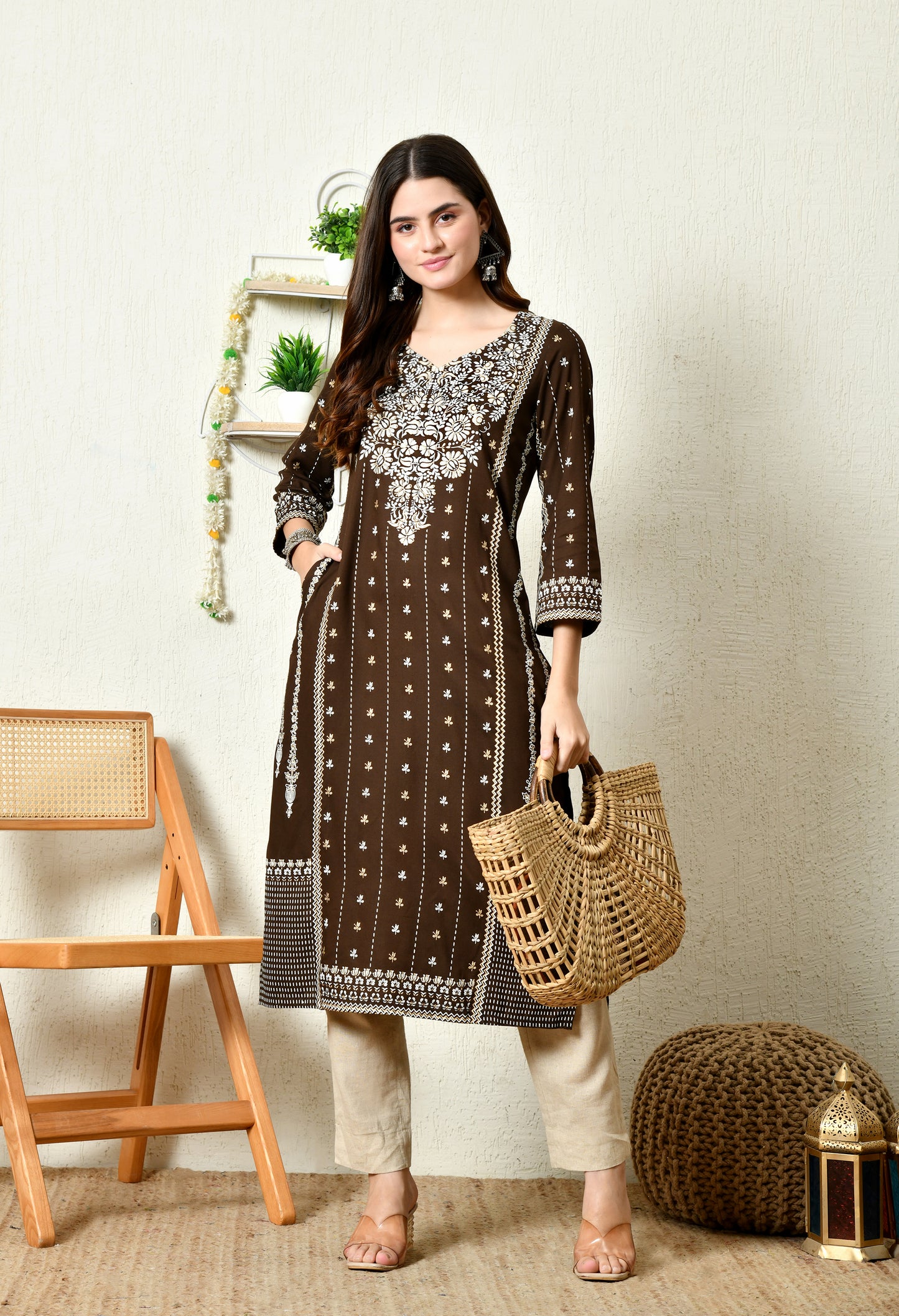 Cocoa Heritage Floral Printed Rayon Kurta Set with Border Detailing