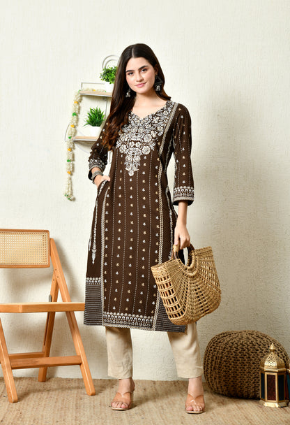 Cocoa Heritage Floral Printed Rayon Kurta Set with Border Detailing