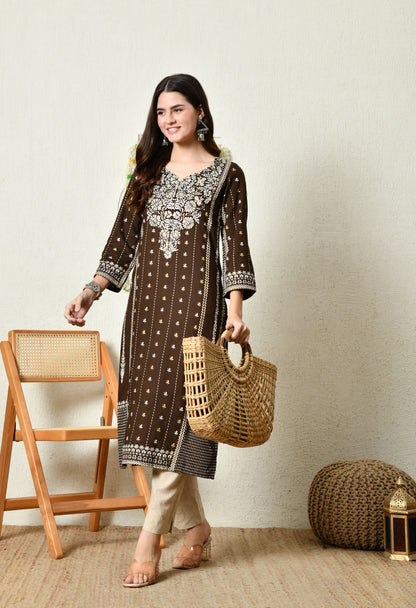 Cocoa Heritage Floral Printed Rayon Kurta Set with Border Detailing