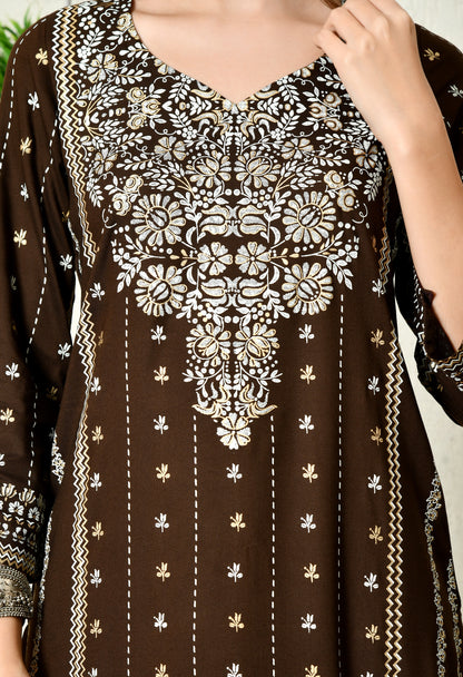 Cocoa Heritage Floral Printed Rayon Kurta Set with Border Detailing