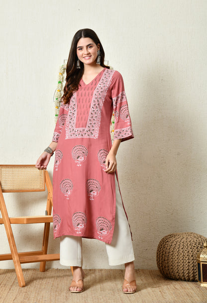 Terracotta Pink Elegant Peacock Motif Printed Rayon Kurta with Sleeve & Neck Detailing