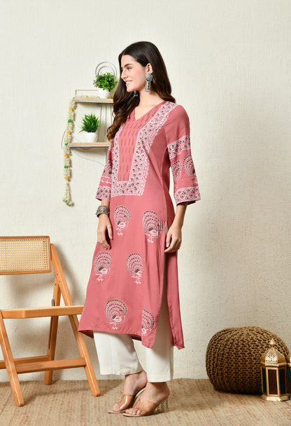 Terracotta Pink Elegant Peacock Motif Printed Rayon Kurta with Sleeve & Neck Detailing