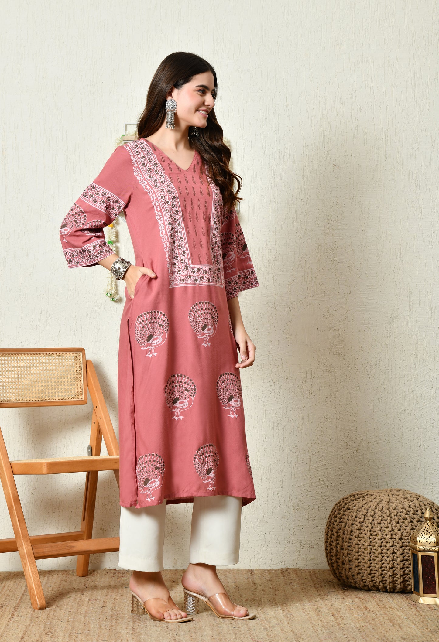 Terracotta Pink Elegant Peacock Motif Printed Rayon Kurta with Sleeve & Neck Detailing