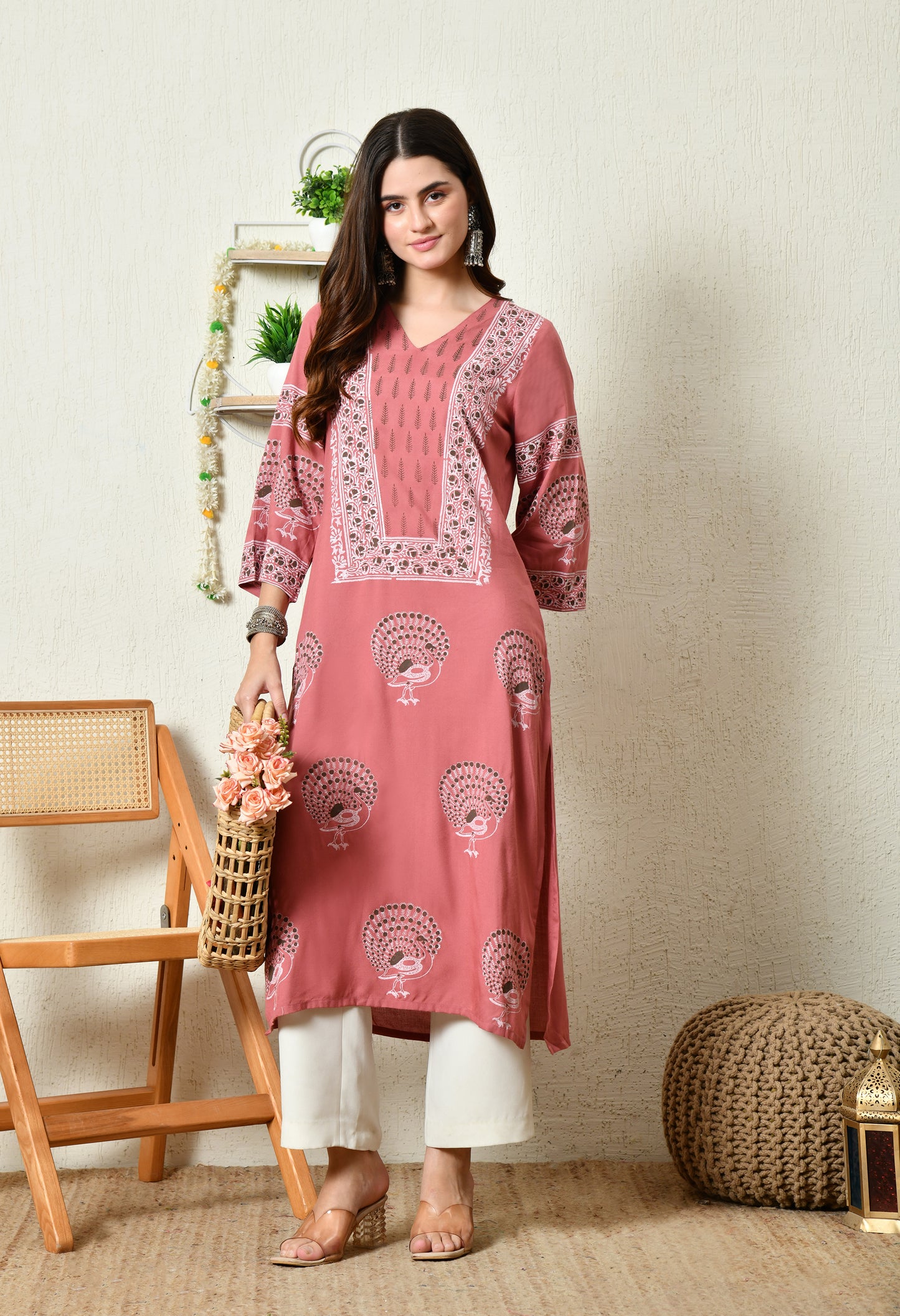 Terracotta Pink Elegant Peacock Motif Printed Rayon Kurta with Sleeve & Neck Detailing