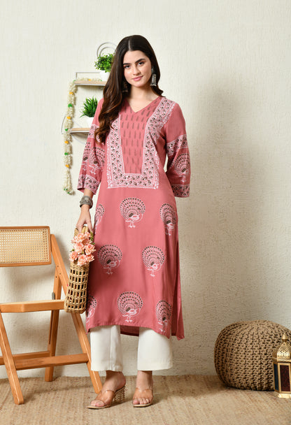 Terracotta Pink Elegant Peacock Motif Printed Rayon Kurta with Sleeve & Neck Detailing