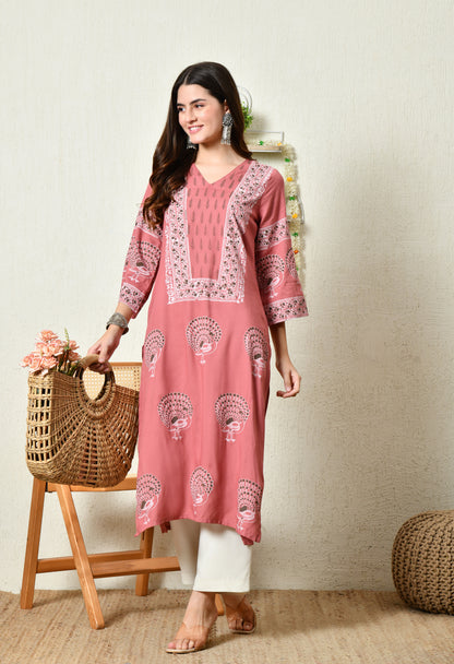 Terracotta Pink Elegant Peacock Motif Printed Rayon Kurta with Sleeve & Neck Detailing