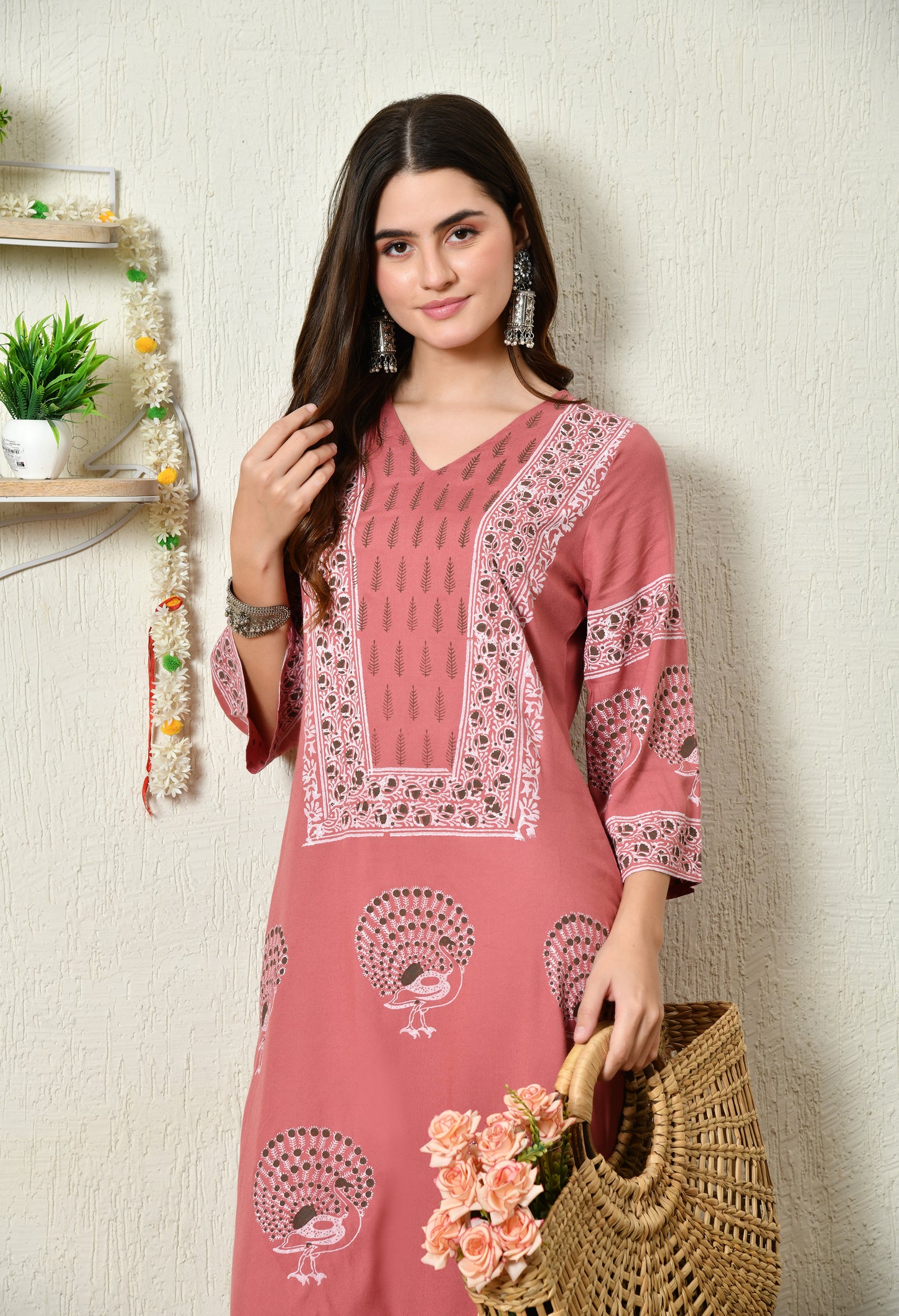 Terracotta Pink Elegant Peacock Motif Printed Rayon Kurta with Sleeve & Neck Detailing