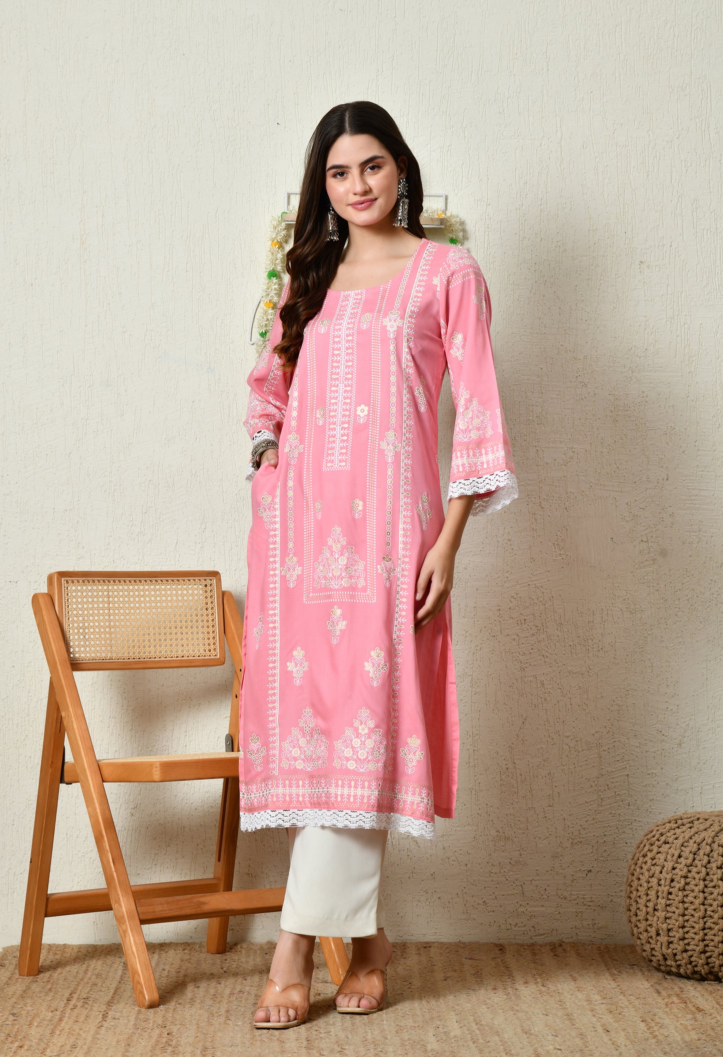 Coral Pink Elegant Floral Bouquet Motif Printed Rayon Kurta with Border & Lace Detailing