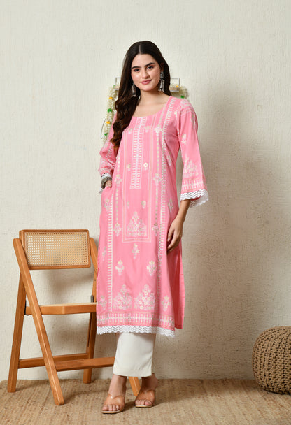 Coral Pink Elegant Floral Bouquet Motif Printed Rayon Kurta with Border & Lace Detailing