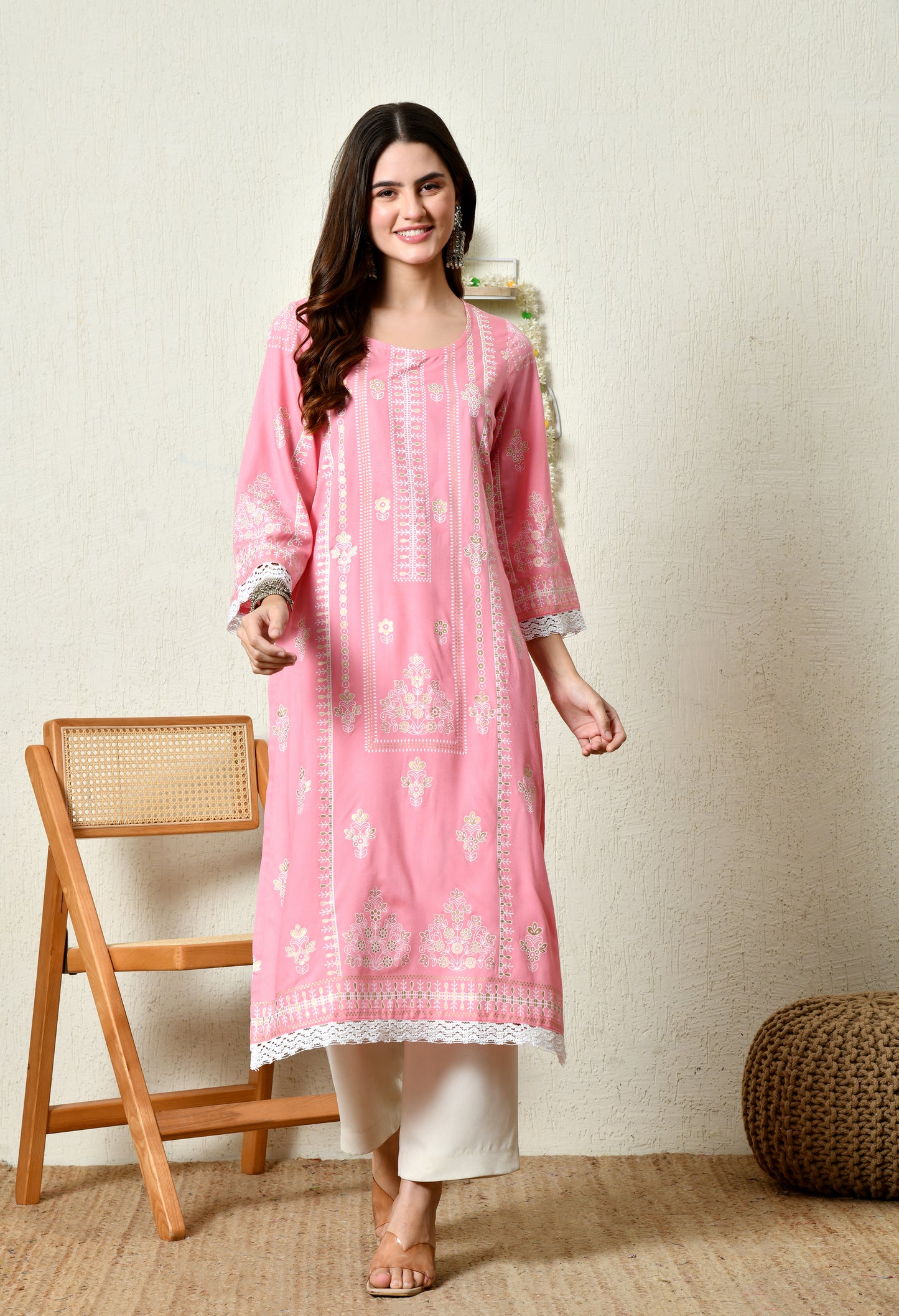 Coral Pink Elegant Floral Bouquet Motif Printed Rayon Kurta with Border & Lace Detailing