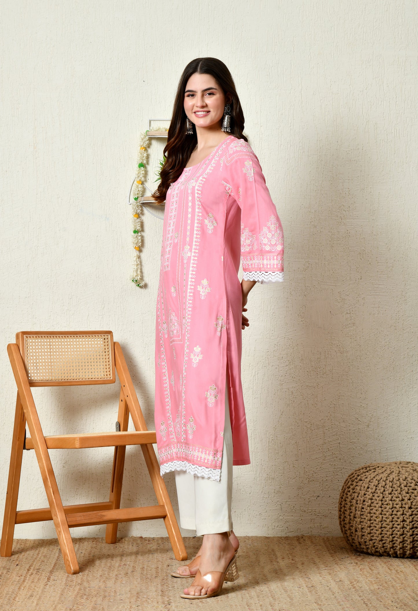 Coral Pink Elegant Floral Bouquet Motif Printed Rayon Kurta with Border & Lace Detailing