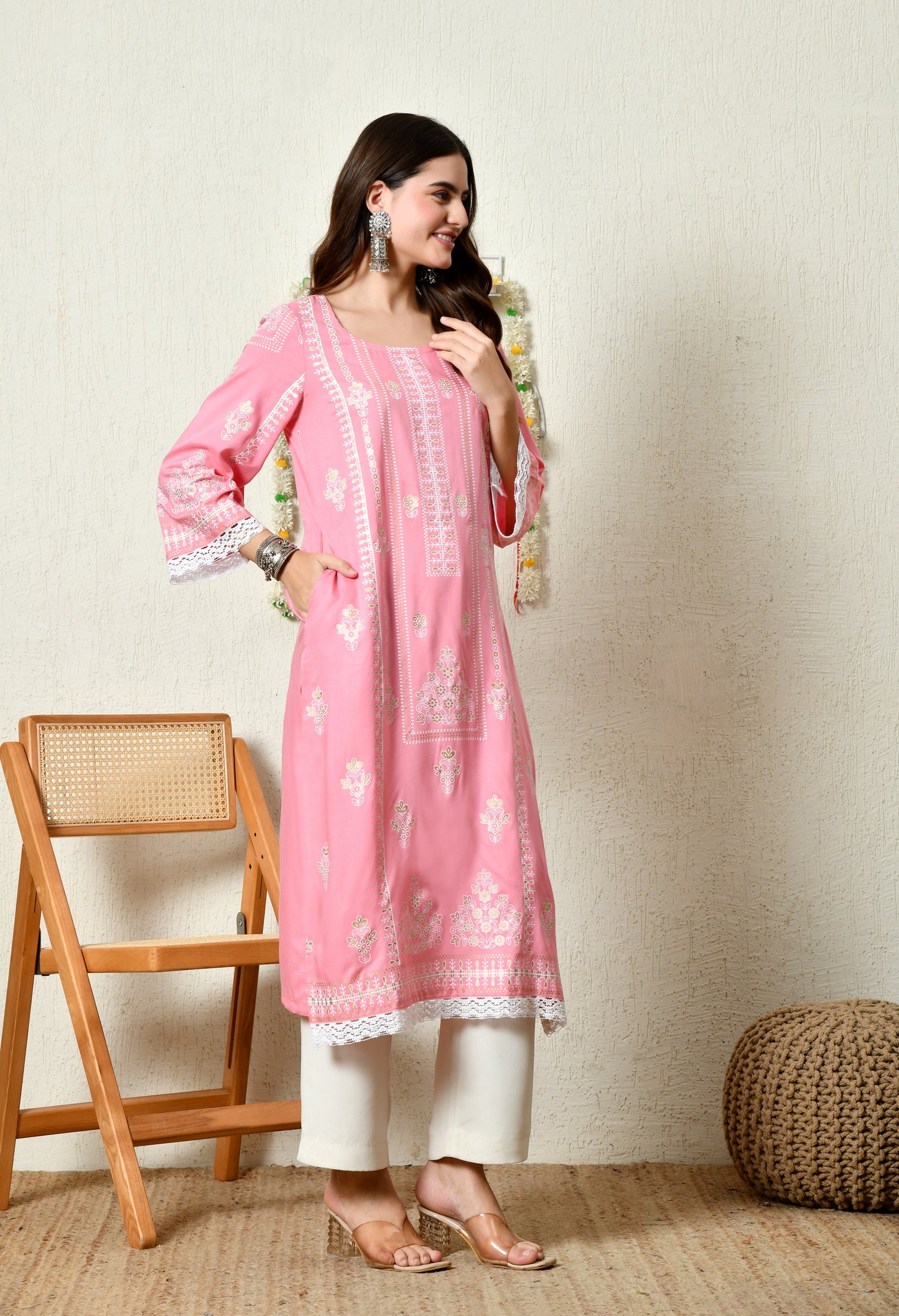 Coral Pink Elegant Floral Bouquet Motif Printed Rayon Kurta with Border & Lace Detailing