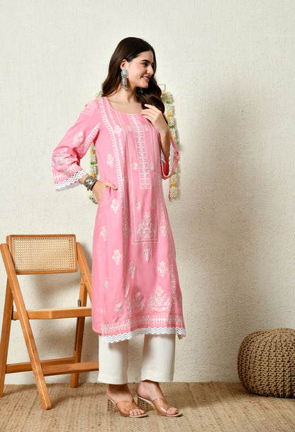 Coral Pink Elegant Floral Bouquet Motif Printed Rayon Kurta with Border & Lace Detailing
