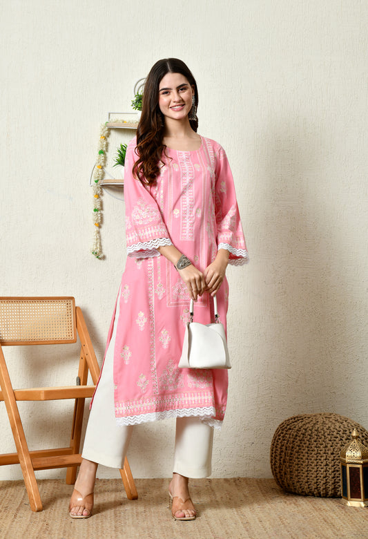 Coral Pink Elegant Floral Bouquet Motif Printed Rayon Kurta with Border & Lace Detailing
