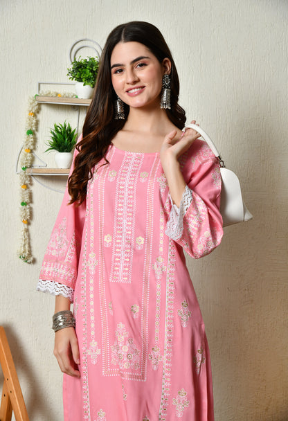 Coral Pink Elegant Floral Bouquet Motif Printed Rayon Kurta with Border & Lace Detailing