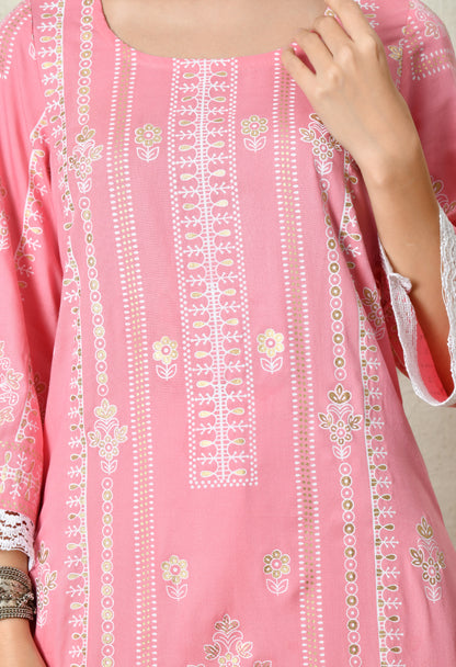 Coral Pink Elegant Floral Bouquet Motif Printed Rayon Kurta with Border & Lace Detailing