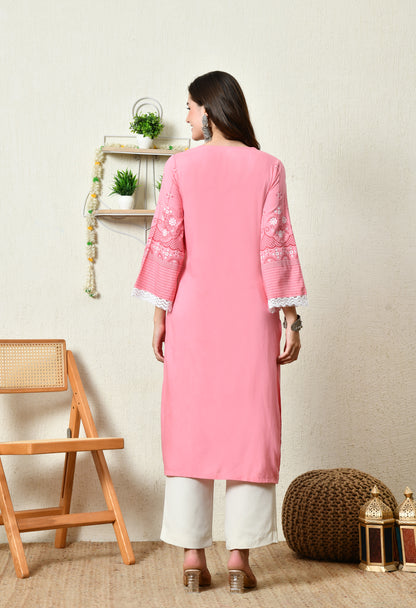 Dusty Peach Pink Elegant Floral Printed Rayon Kurta with Border Design & Lace Detailing