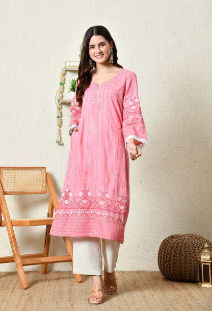 Dusty Peach Pink Elegant Floral Printed Rayon Kurta with Border Design & Lace Detailing