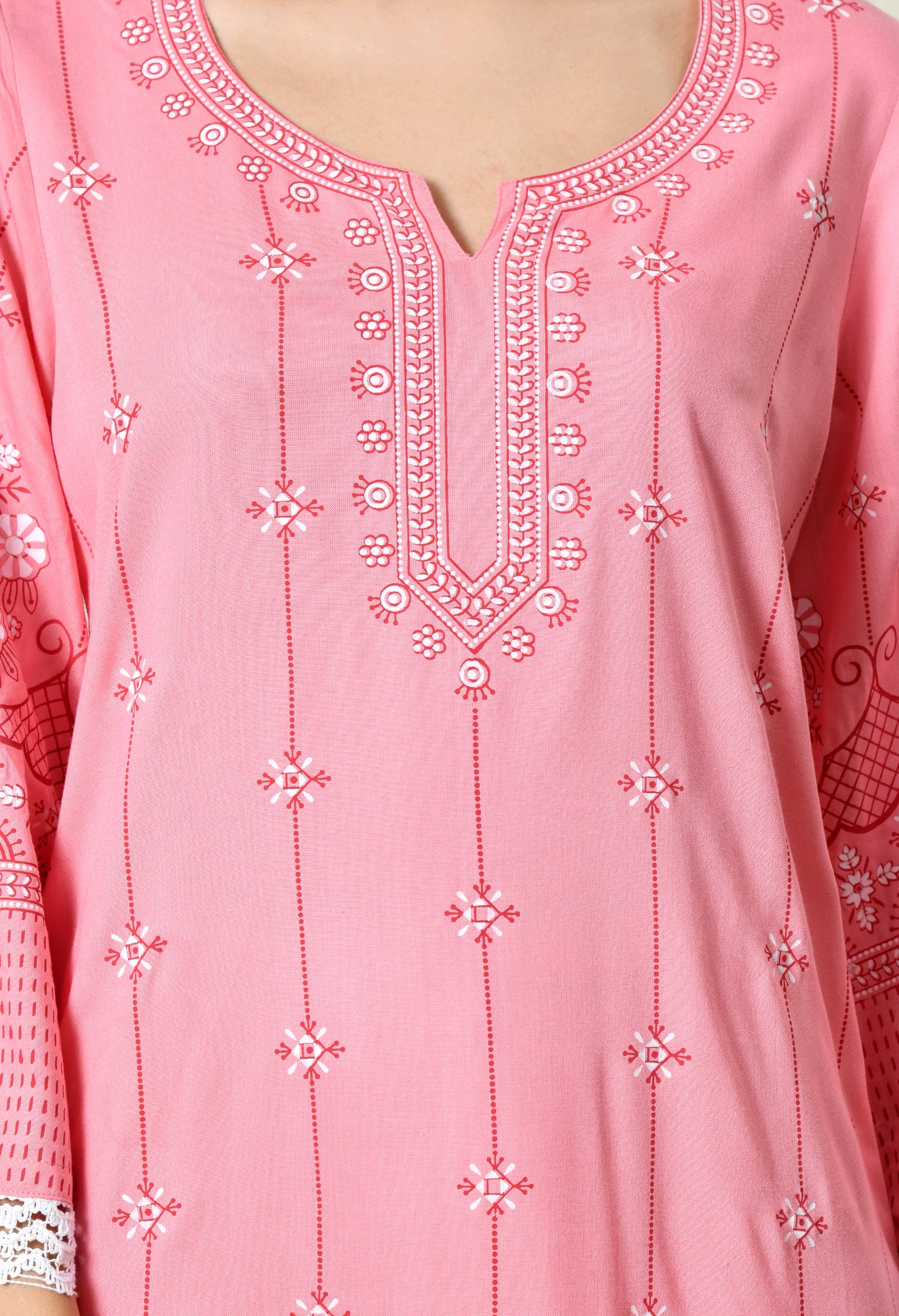 Dusty Peach Pink Elegant Floral Printed Rayon Kurta with Border Design & Lace Detailing